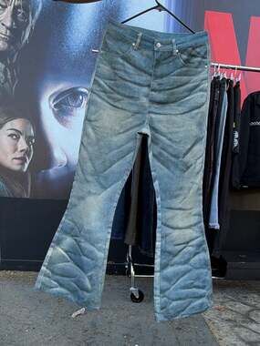 Supermade Distressed Printed Wave Pattern Flared Denim Jeans